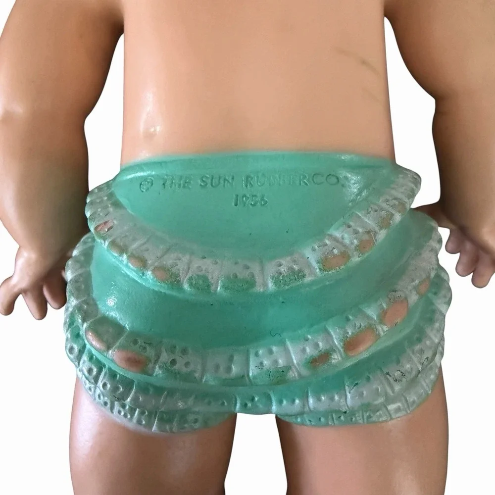 Vintage 1950s The Sun Rubber Baby Doll   Green‎ Romper MCM Toy 10